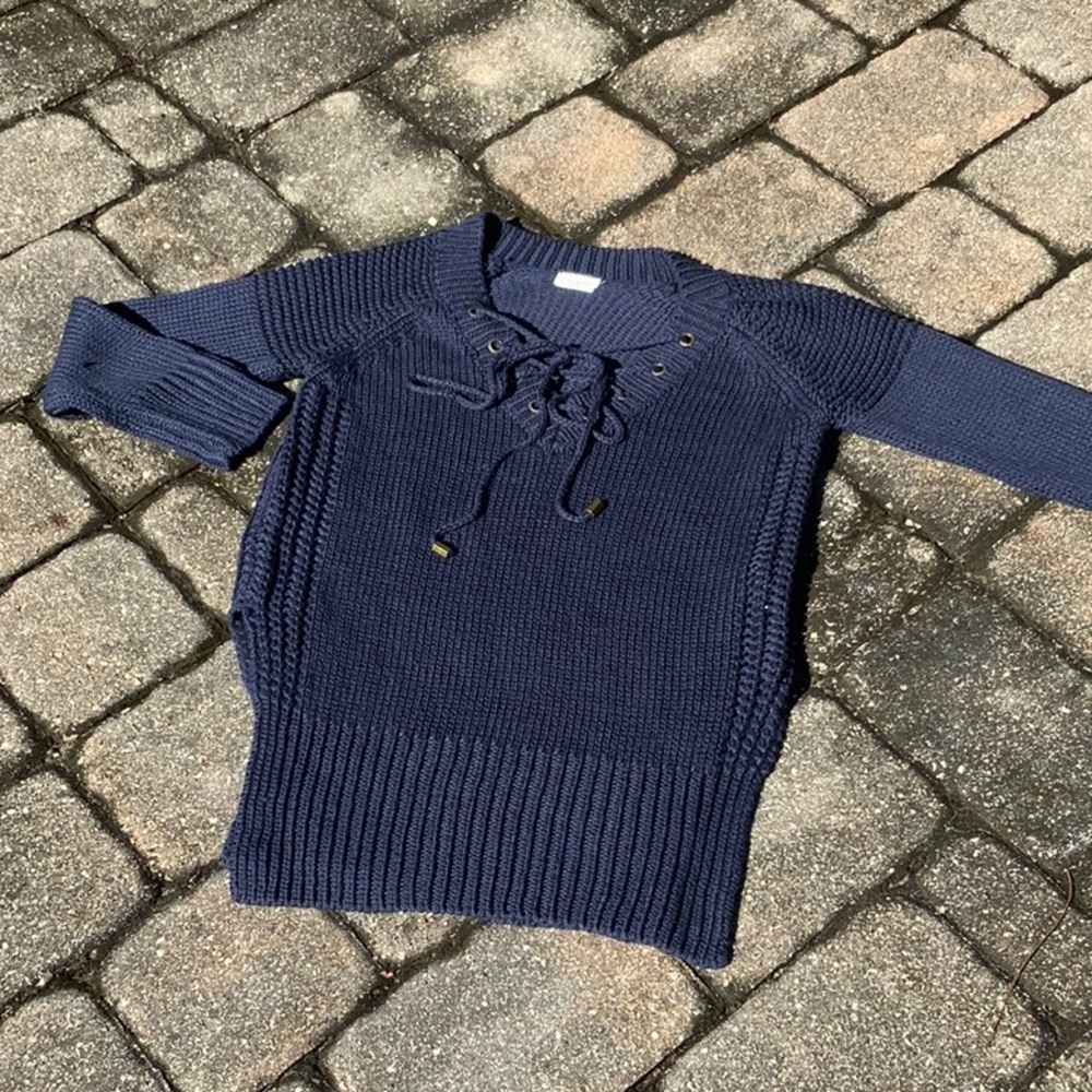 TEA & CUP LACE UP NAVY BLUE SWEATER, ONE SIZE